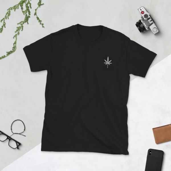 Black and White Leaf, Embroidered Short-Sleeve T-Shirt - Image 4